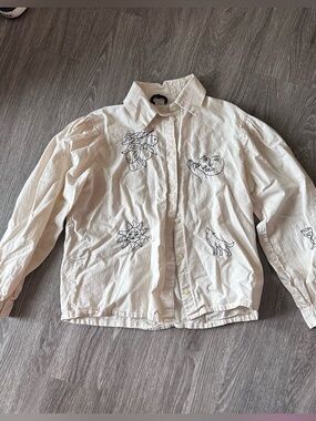 Hand embroidered Oversized beige shirt with puff sleeves made by SlowHands